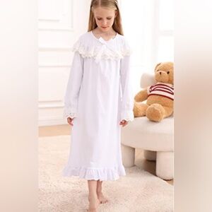 Girls Long White Ruffled Lace Nightgown Retro VTG Victorian Bow Christmas Easter